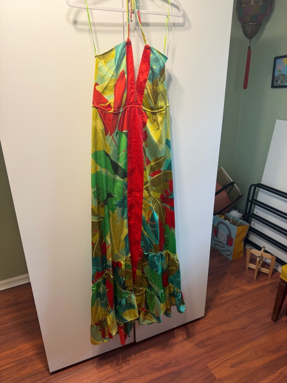 Vici Tropical Halter Maxi Dress in Red, Green & Yellow